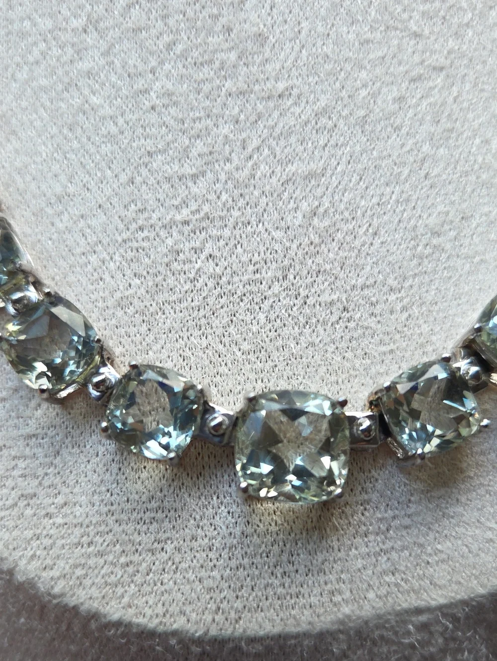 Geniune Prasiolite And Sterling Silver Necklace Graduated ,Faceted Stones EUC
